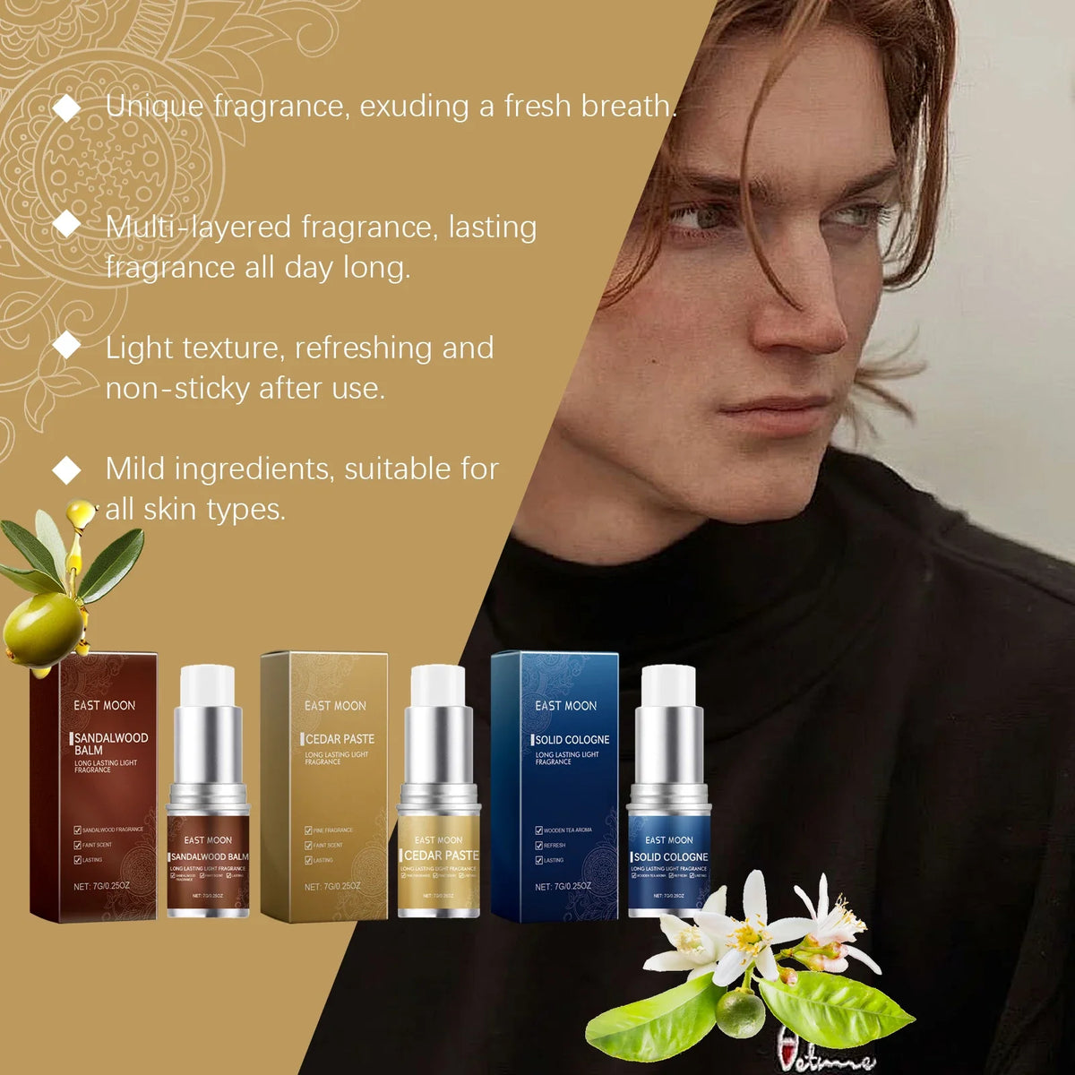 Blushimmer 3Scents men's solid cologne balm with woody scent, portable deodorant and pheromones for lasting freshness.