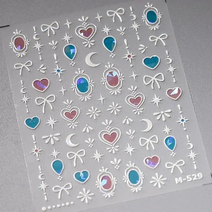 Colorful Cat's Eye 5D Gradient European love heart gem nail art stickers with geometric wing designs for manicure decoration.
