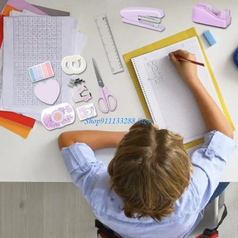 G88D Office Supplies Set Include Sticky Note Stapler Staple Scissors Clear Tape Ruler