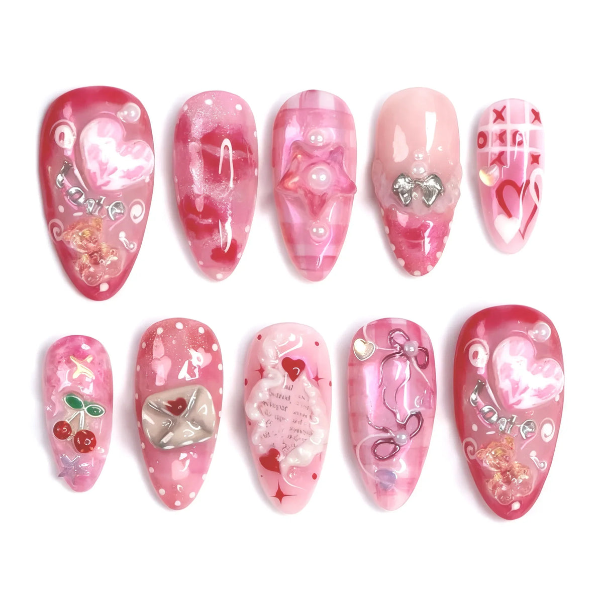 Set of 24 Blushimmer wine red almond press-on nails with cartoon rabbit, bowknot, plaid, pearl designs, French style, detachable for girls.