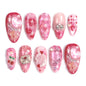 Set of 24 Blushimmer wine red almond press-on nails with cartoon rabbit, bowknot, plaid, pearl designs, French style, detachable for girls.