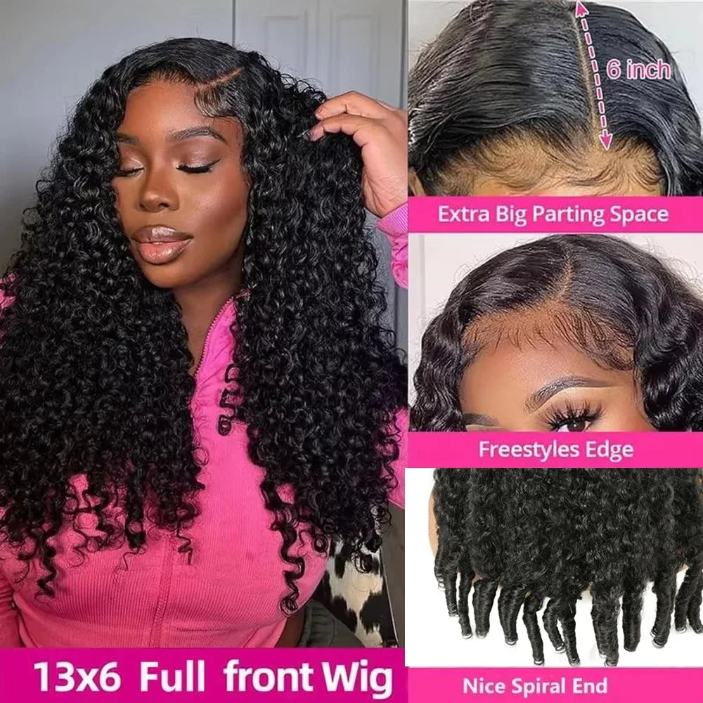 Burmese curly human hair wig with 13x4 lace frontal, 30-40 inch natural color, 220% density, by Selvanelle