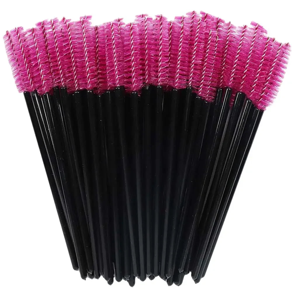 Set of 50 disposable makeup eyelash brushes with crystal handles, mascara wands, and eyebrow applicators from Blushimmer.
