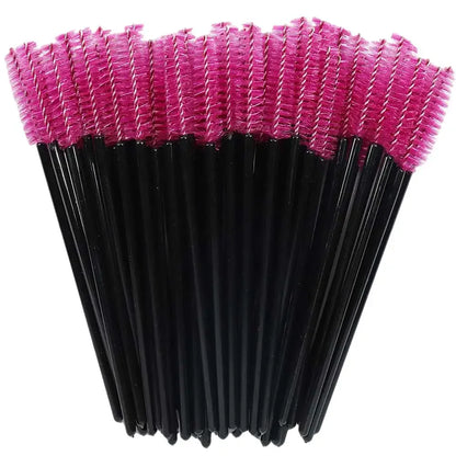 Set of 50 disposable makeup eyelash brushes with crystal handles, mascara wands, and eyebrow applicators from Blushimmer.