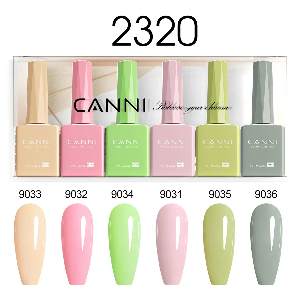 Blushimmer 6-pack CANNI nail gel polish kit with nude, pink, and jelly shades for natural, French, and holiday nail designs.