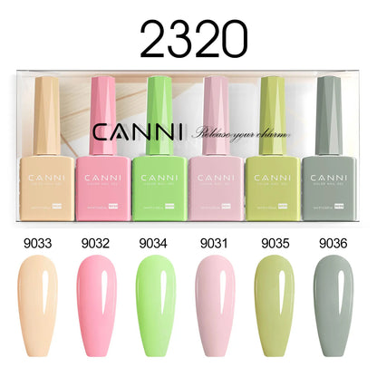 Blushimmer 6-pack CANNI nail gel polish kit with nude, pink, and jelly shades for natural, French, and holiday nail designs.