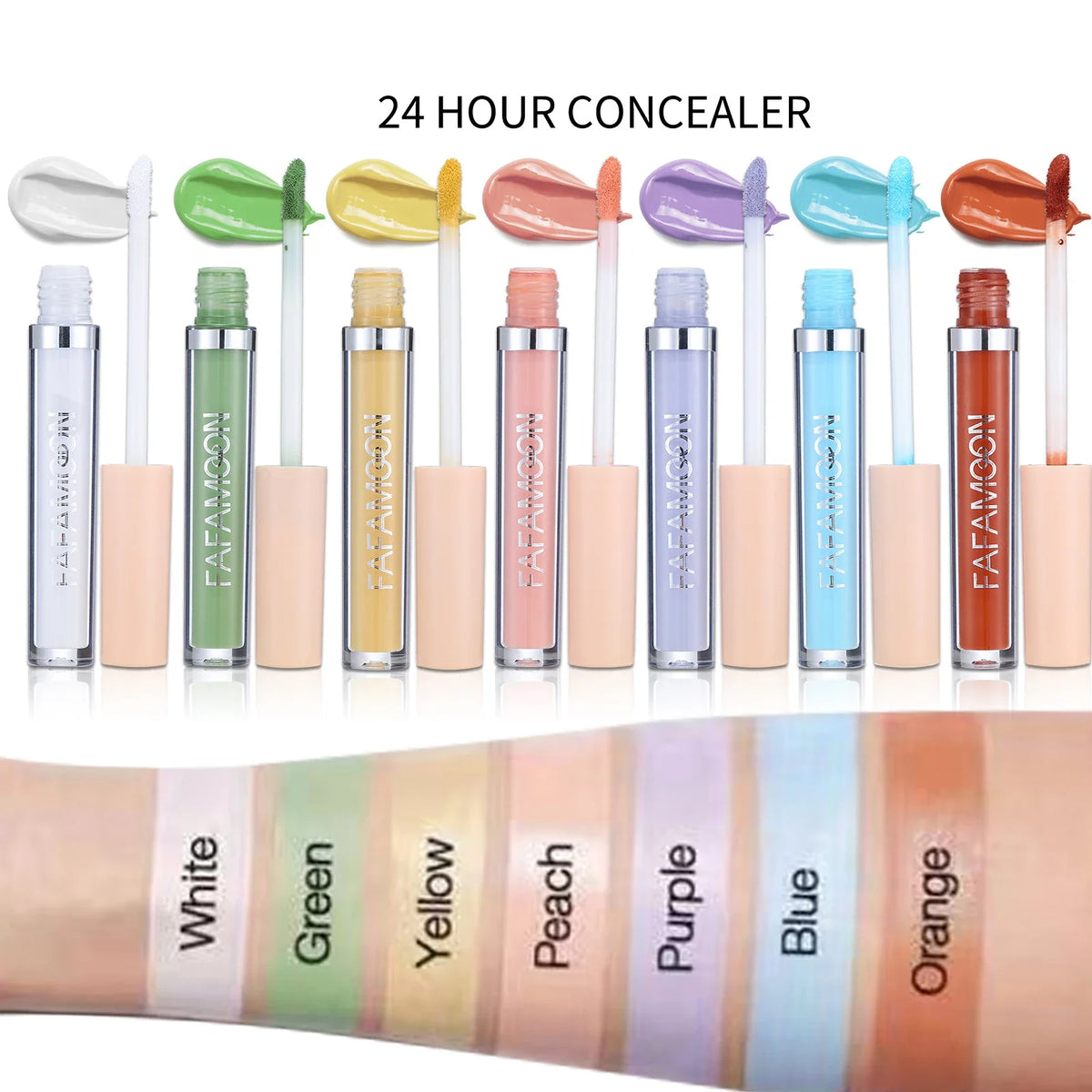 Blushimmer liquid concealer for face contour and dark circle coverage, with correcting skin tone makeup on a woman's face.