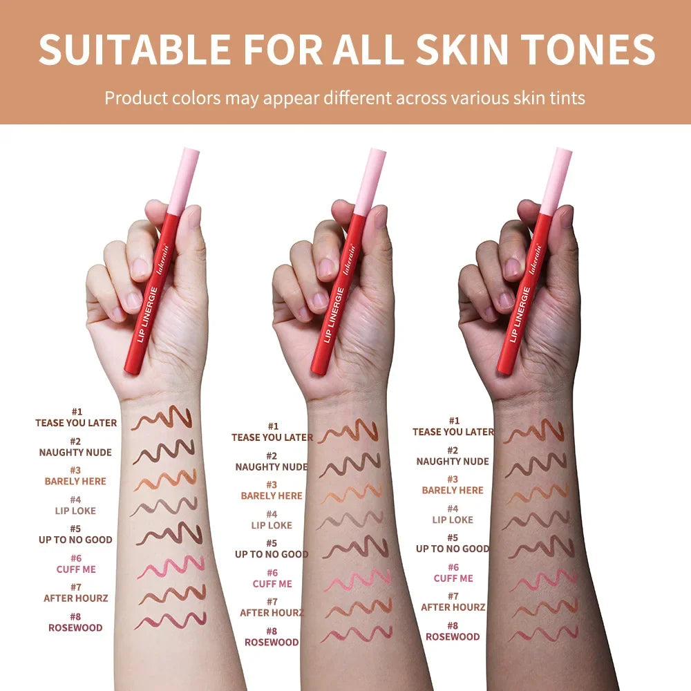 Blushimmer waterproof lip liner stain in a sleek tube, featuring long-lasting, transfer-proof, smudge-resistant color in 8 shades.