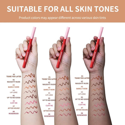 Blushimmer waterproof lip liner stain in a sleek tube, featuring long-lasting, transfer-proof, smudge-resistant color in 8 shades.
