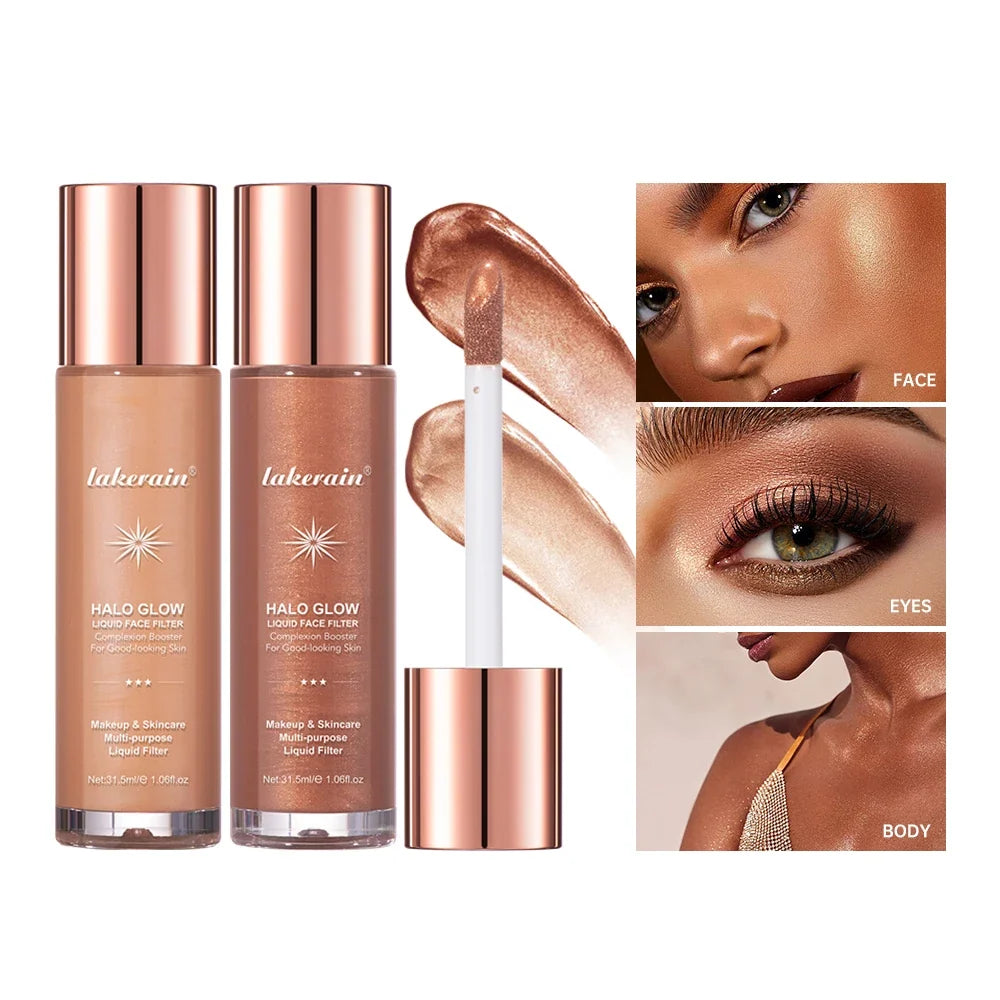 Blushimmer Halo Glow Liquid Highlighter and Contour Liquid Makeup with pearlescent finish for face and body glow.
