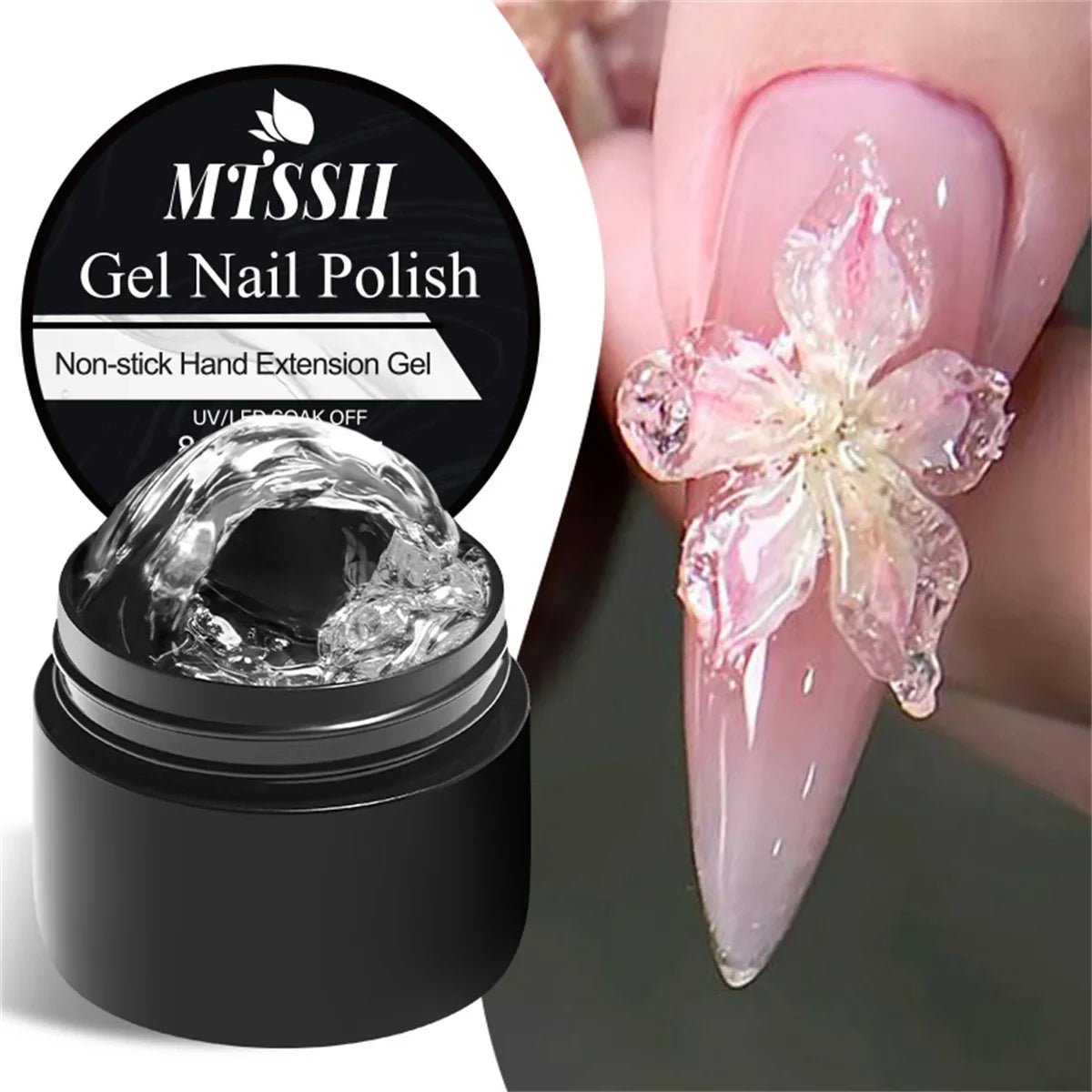Blushimmer 2/3pcs clear non-stick gel nail extension set with 3D shaping and sculpting gel for UV/LED manicures, showcasing gel jars.