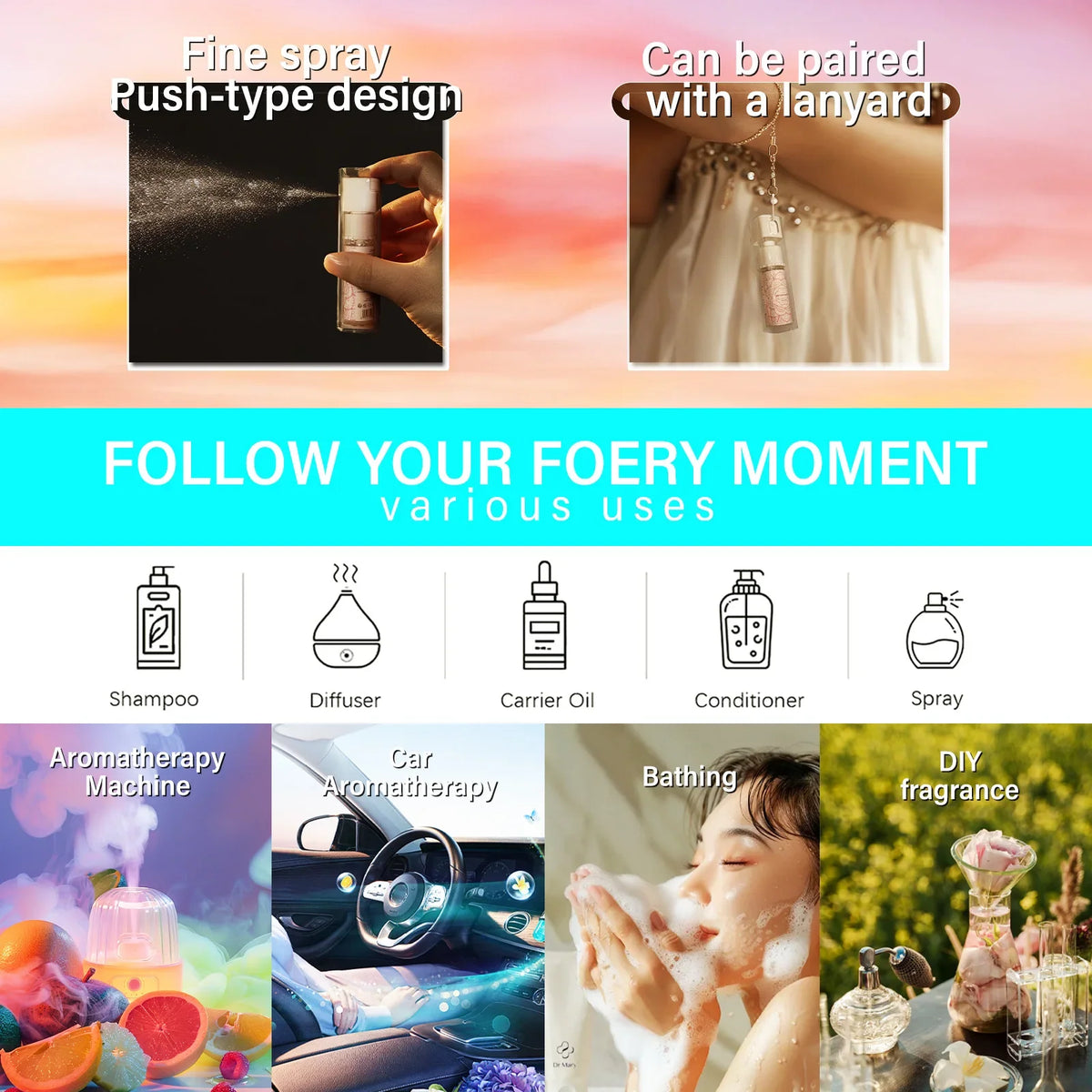 Blushimmer 12-types spray essential oils perfume for women, floral, fruity, woody body oil fragrance in a sleek spray bottle.