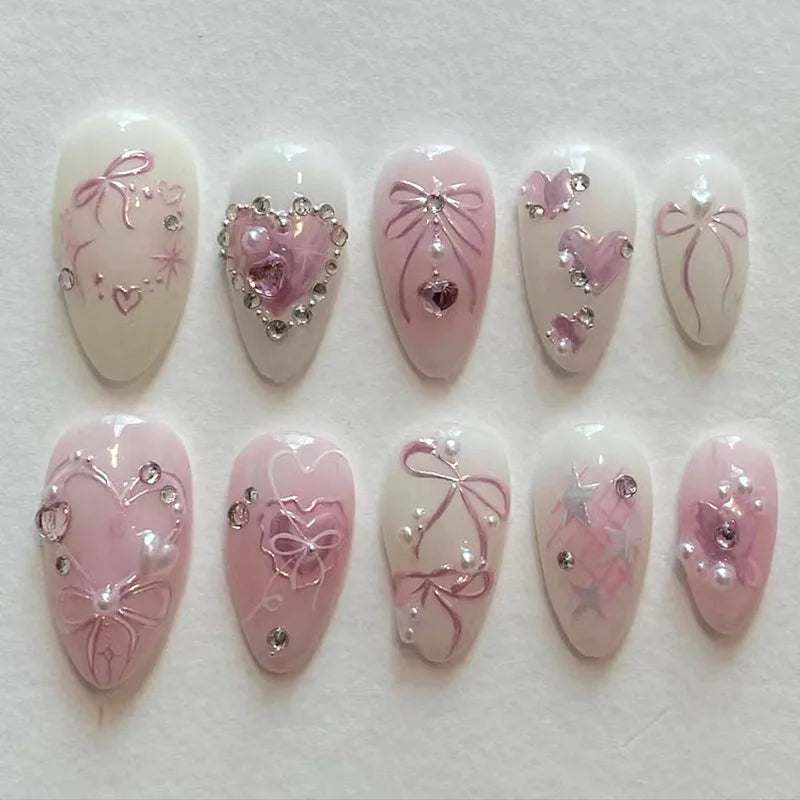 Set of 24 wine red almond press-on nails by Blushimmer with cartoon rabbit, bowknot, plaid, pearl designs, French style for girls