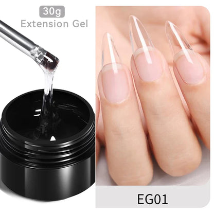 Blushimmer Born Pretty 30ml milky white hard gel for nail extensions, showing smooth, glossy gel in a clear jar with nail tips.
