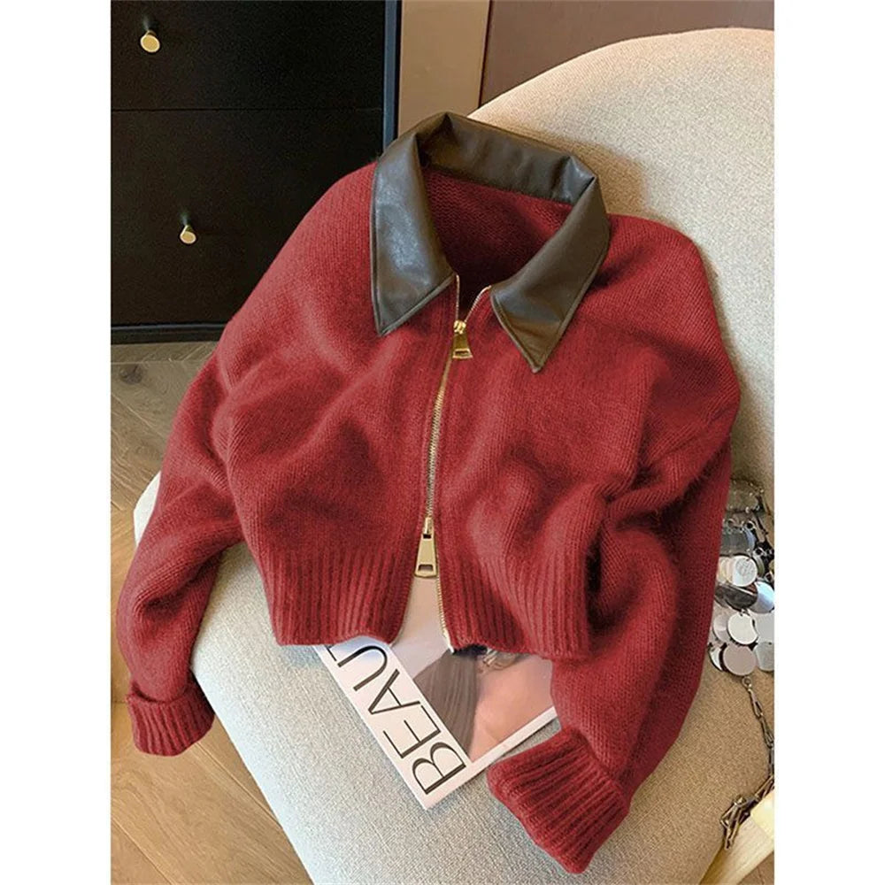 2025 Autumn Winter New knitted Cardigan Sweater Women Fashion Long-Sleeved Turn Collar Short Coat Female Loose Sweater Lady Tops