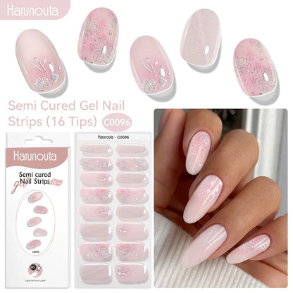 Blushimmer Harunouta 16-strip gradient red marble gel nail strips with gold line, semi-cured DIY gel polish stickers for nails.