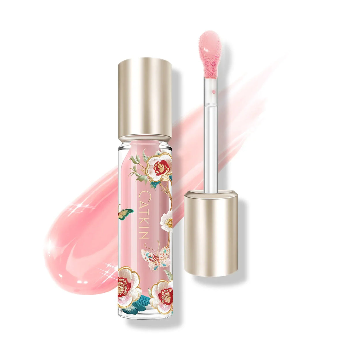 Blushimmer Catkin Lip Essence Lip Gloss in a glass jar with a shiny water-like finish, moisturizing and glossy lip treatment.