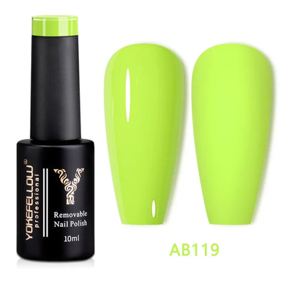 YOKEFELLOW 10ml translucent pink gel nail polish by Blushimmer, showing smooth, glossy finish on nails with a natural look.
