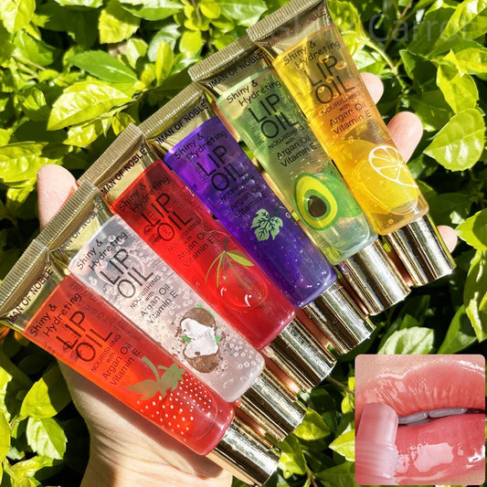 Set of 6 fruity flavor moisturizing clear lip glosses by Blushimmer, featuring hydrating lip gel and lip oils for women’s lips.