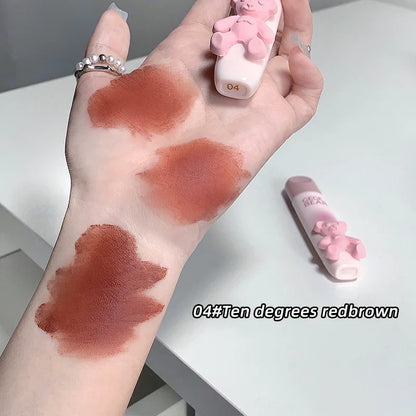 Blushimmer cute bear lip glaze and matte velvet lipstick with whitening lip cream in a colorful lip color tube.