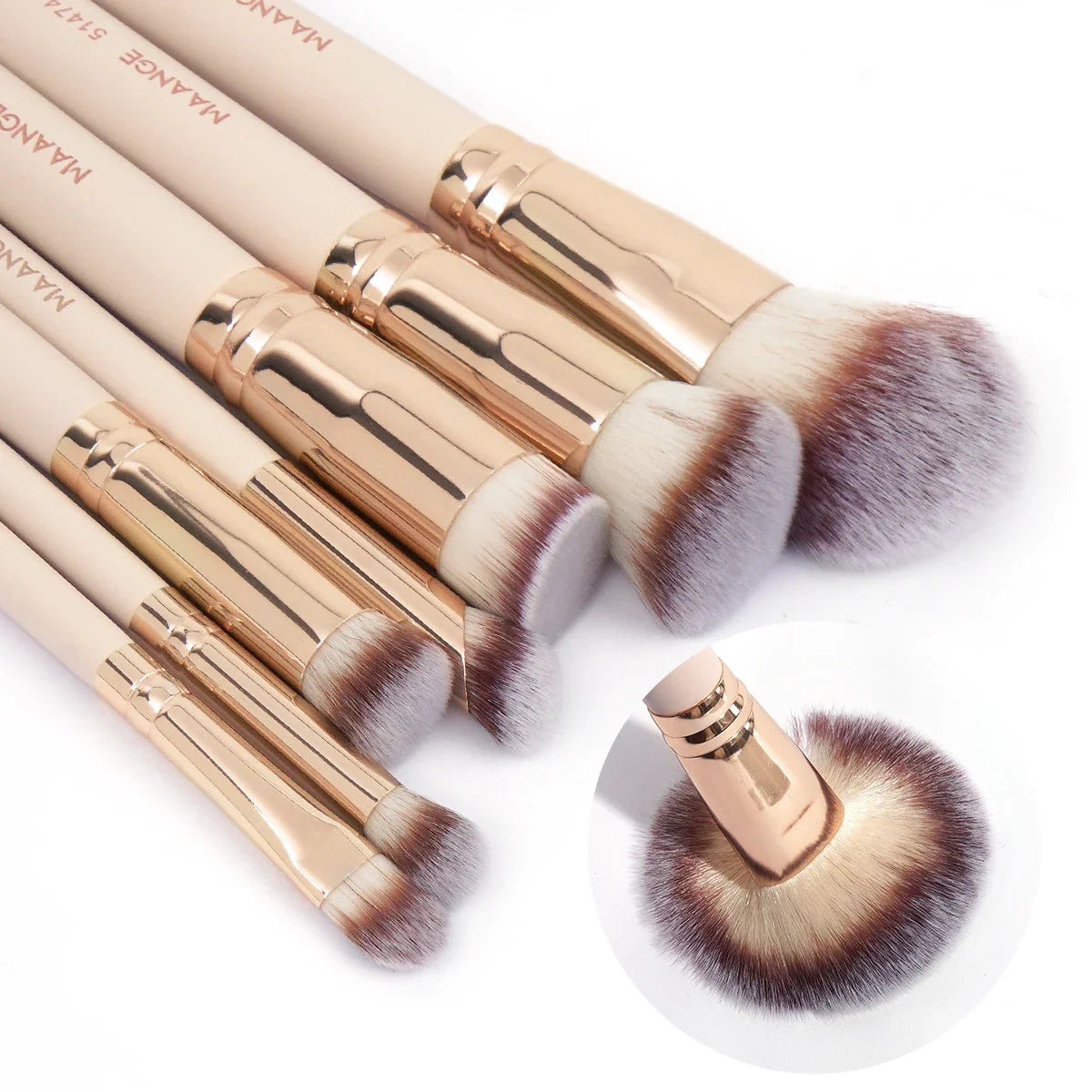Set of 7 Blushimmer makeup brushes with soft bristles for foundation, powder, concealer, and blush application.