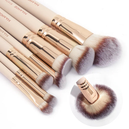 Set of 7 Blushimmer makeup brushes with soft bristles for foundation, powder, concealer, and blush application.