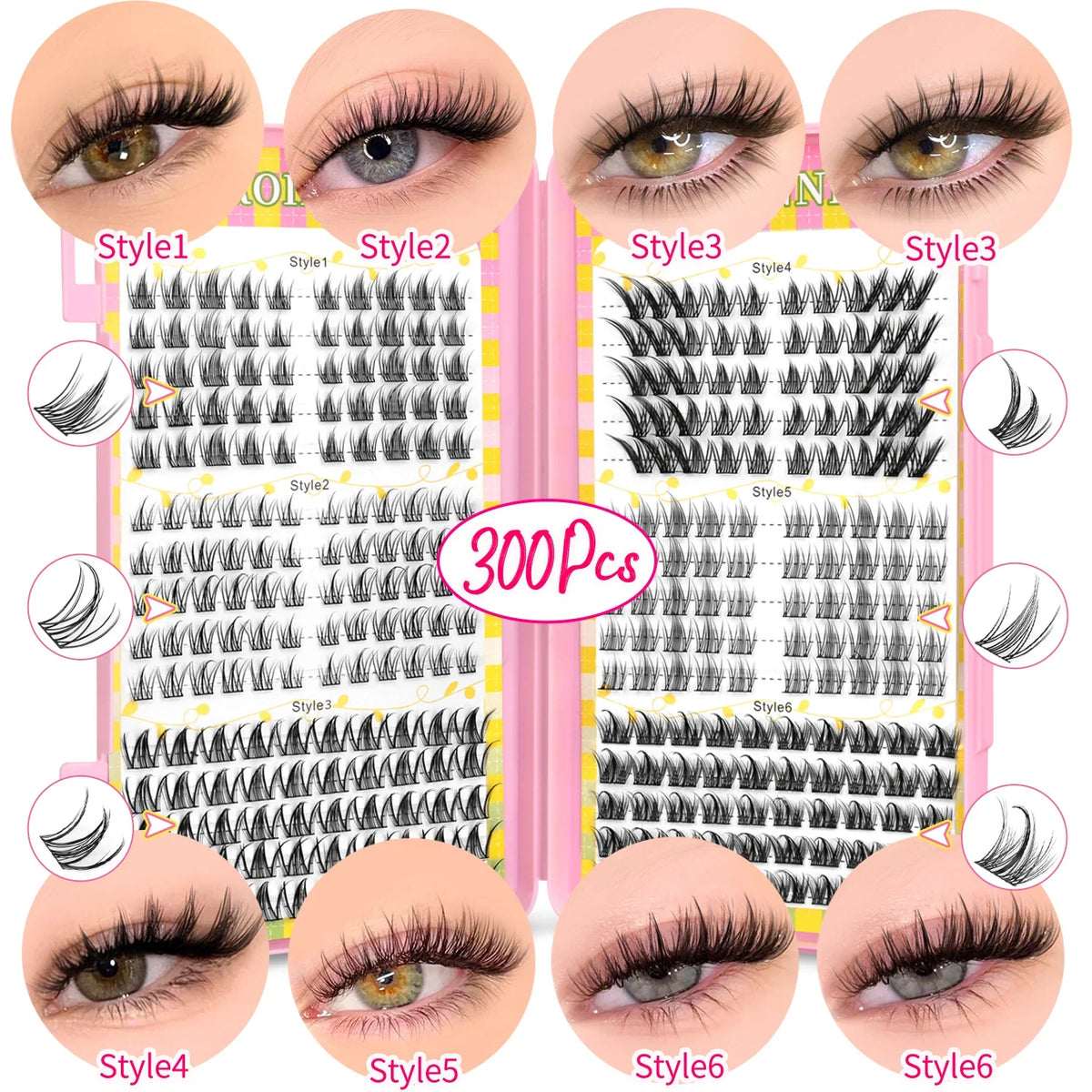 Blushimmer GROINNEYA eyelash clusters with 320 natural volume lash extensions, mixed tray of short and long cluster lashes