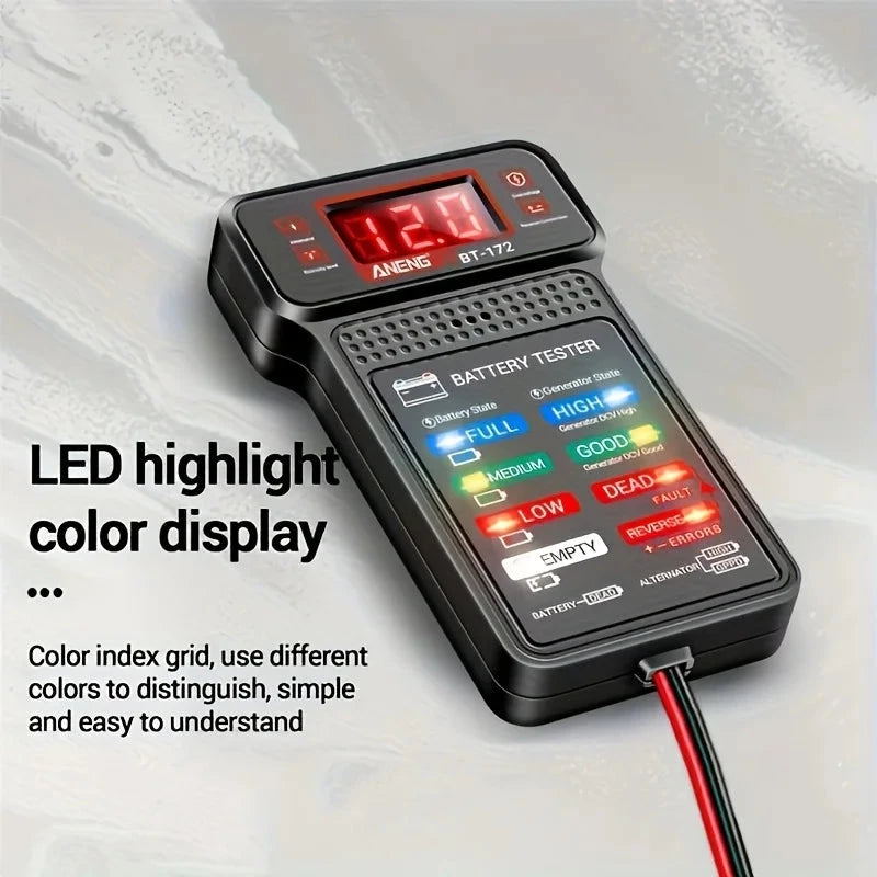 Smart car battery tester from BackupMyFilesNow.com showing a digital display with test results for car battery health and capacity.
