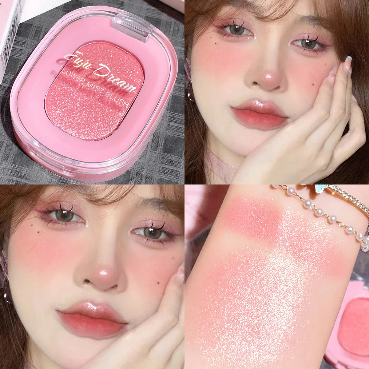 Blushimmer monochrome flower mist blush powder in natural pink with matte finish and subtle trimming, enhancing cheeks with a bright, nude glow.