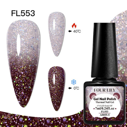 Blushimmer Four Lily 7ml thermal nail gel polish set with three color-changing semi-permanent UV/LED gel for manicures