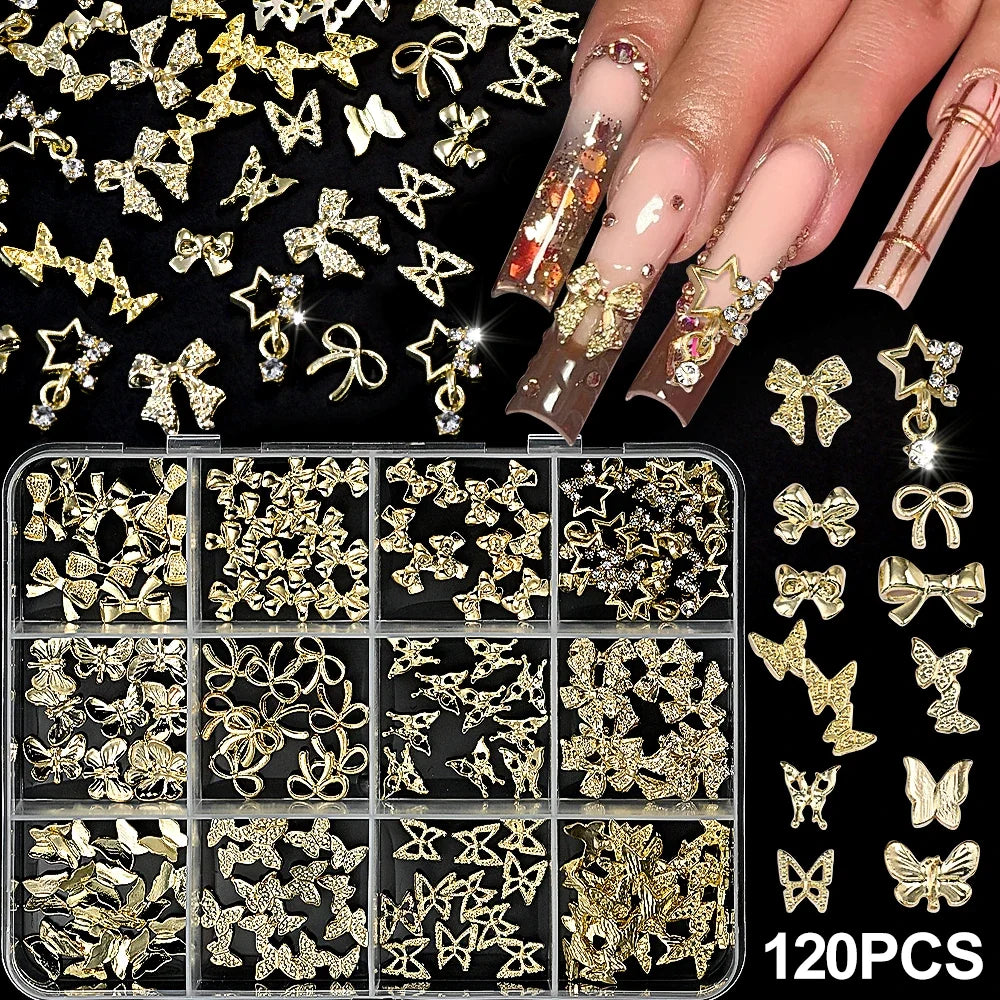 120pcs Blushimmer 3D gold bow and butterfly nail charms with shiny bowtie and star designs for luxury nail art decoration