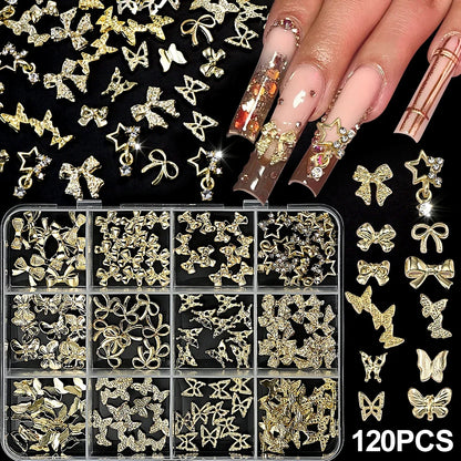 120pcs Blushimmer 3D gold bow and butterfly nail charms with shiny bowtie and star designs for luxury nail art decoration