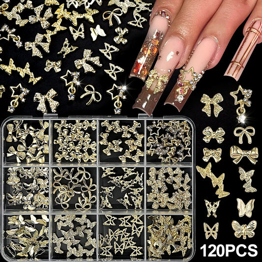 120pcs Blushimmer 3D gold bow and butterfly nail charms with shiny bowtie and star designs for luxury nail art decoration