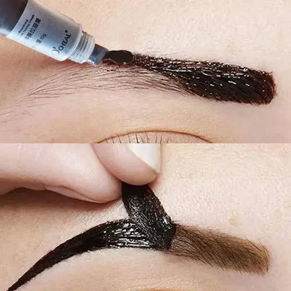Blushimmer waterproof eyebrow gel cream with semi-permanent tint, shown in a close-up of the brow with smooth, defined application.
