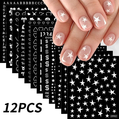 12pcs Blushimmer bronzing laser star nail stickers with 3D alphabet, heart, flower designs for DIY gradient manicure art.
