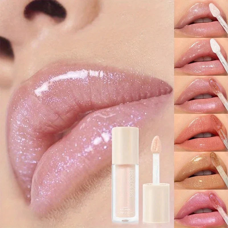 Blushimmer waterproof lip gloss in coral, pink, and skin tones showing glossy, moisturizing liquid lipstick with glitter shine.