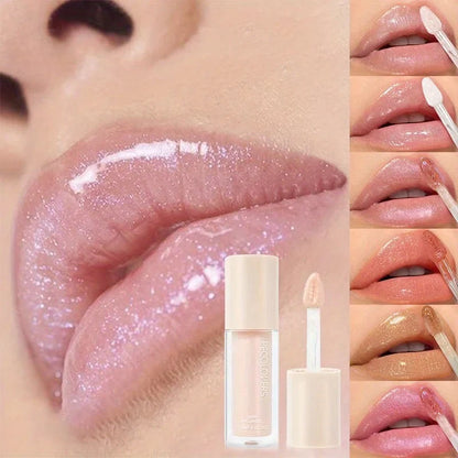 Blushimmer waterproof lip gloss in coral, pink, and skin tones showing glossy, moisturizing liquid lipstick with glitter shine.