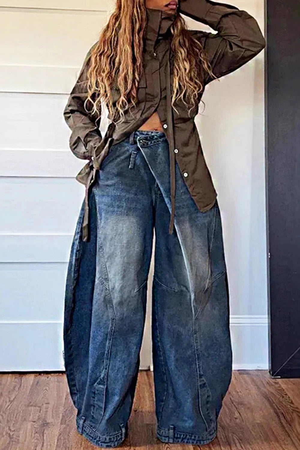 Pants Asymmetric Women Loose Denim Jeans Button Pocket Washed Casual Harajuku High Street Grunge Denim Trouders Jeans for Women