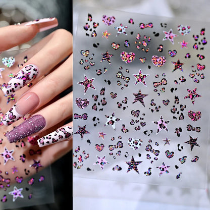 Pink and black leopard print nail art stickers by Blushimmer, 8x10cm, featuring DIY adhesive nail decals with pink, black, and brown leopard designs.