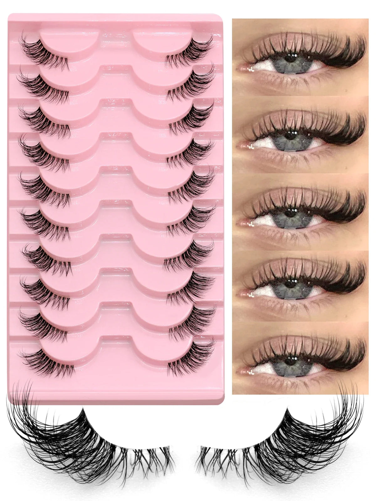 Blushimmer GROINNEYA half lashes with soft, wispy faux mink design and clear band, natural look eyelash extensions.