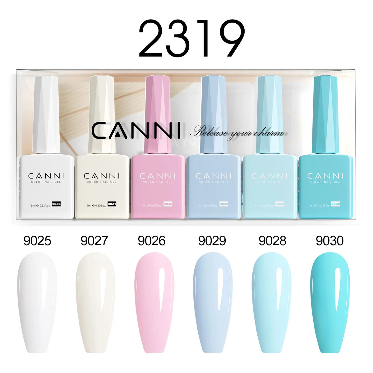 Blushimmer 6-pack 9ml CANNI HEMA-free nail gel polish set with vibrant semi-permanent colors for UV and LED gel nails.