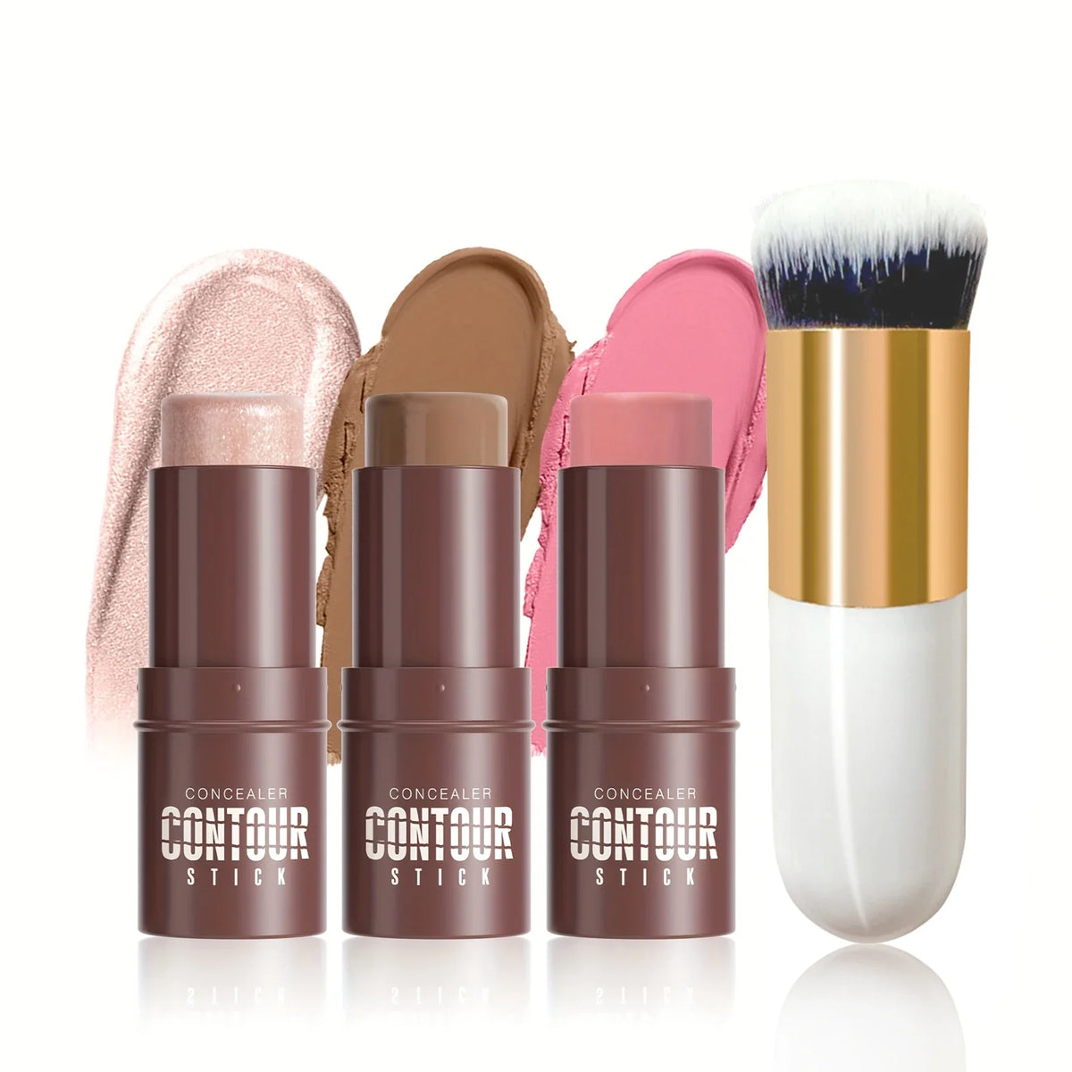 Set of 4 Blushimmer contour, highlighter, and blush cream sticks with brush for face contouring and highlighting.