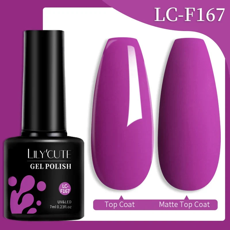 Colorful LILYCUTE 7ML gel nail polish bottles in various shades, showcasing long-lasting semi-permanent UV gel varnish for manicure art.