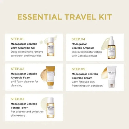 SKIN1004 Madagascar Centella travel skincare kit including toner, ampoule, soothing cream, cleansing oil, and foam in mini sizes