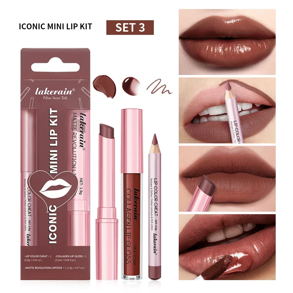 Blushimmer 3-piece lip liner, lipstick, and lip gloss set featuring waterproof, long-lasting matte lip makeup in mini travel sizes.