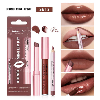 Blushimmer 3-piece lip liner, lipstick, and lip gloss set featuring waterproof, long-lasting matte lip makeup in mini travel sizes.