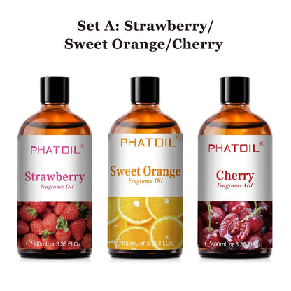Blushimmer PHATOIL aromatherapy fragrance oil set with coconut, vanilla, strawberry, cherry, and lemon scents in 100ml bottles for diffusers