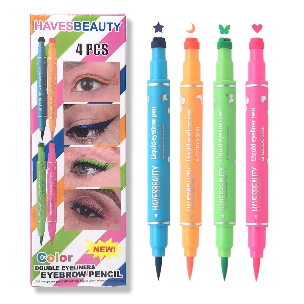 Blushimmer double-head liquid eyeliner set with four waterproof styles including stars, hearts, moon, and butterfly designs.