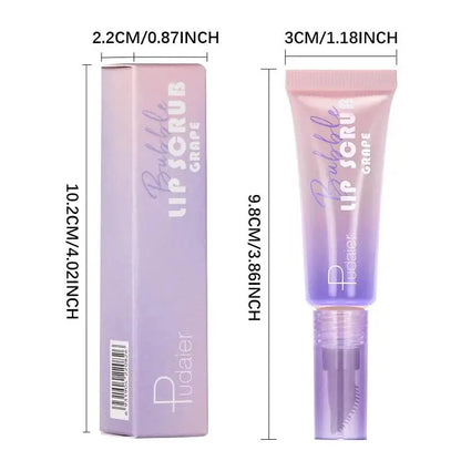 Blushimmer Bubble Lip Exfoliator foaming scrub with gentle cleansing, moisturizing, and hydrating properties for soft, nourished lips.