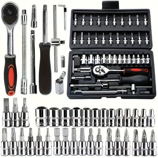 Hi you: 46 piece car repair tool kit: ratchet torque wrench, wrench, screwdriver, socket set combination - perfect for bicycle a